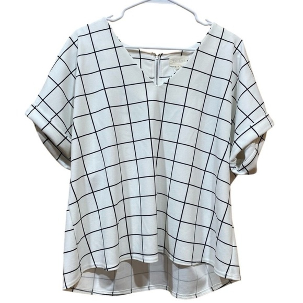 Melloday White Grid Print V-Neck Short Sleeve Top Blouse Size‎ XL